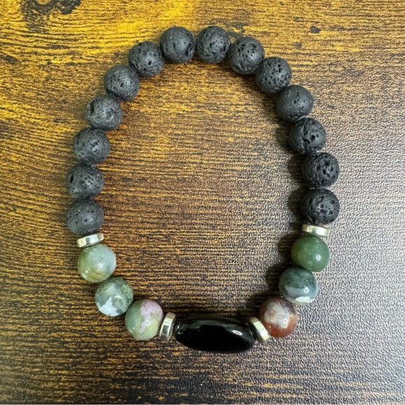 Lava Rock and Green Agate Beaded Stretch Bracelet with Black Stone Boho Chic - Picture 4 of 9